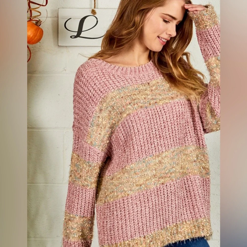 **Last One** Chenille Confetti Soft Knit Sweater, Pink & Gold Metallic Details - Picture 2 of 12